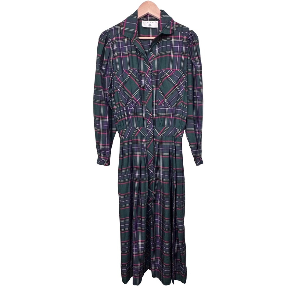 Vintage 80s Eileen West Tartan Plaid Pleated Rayon Midi Dress USA Size 8